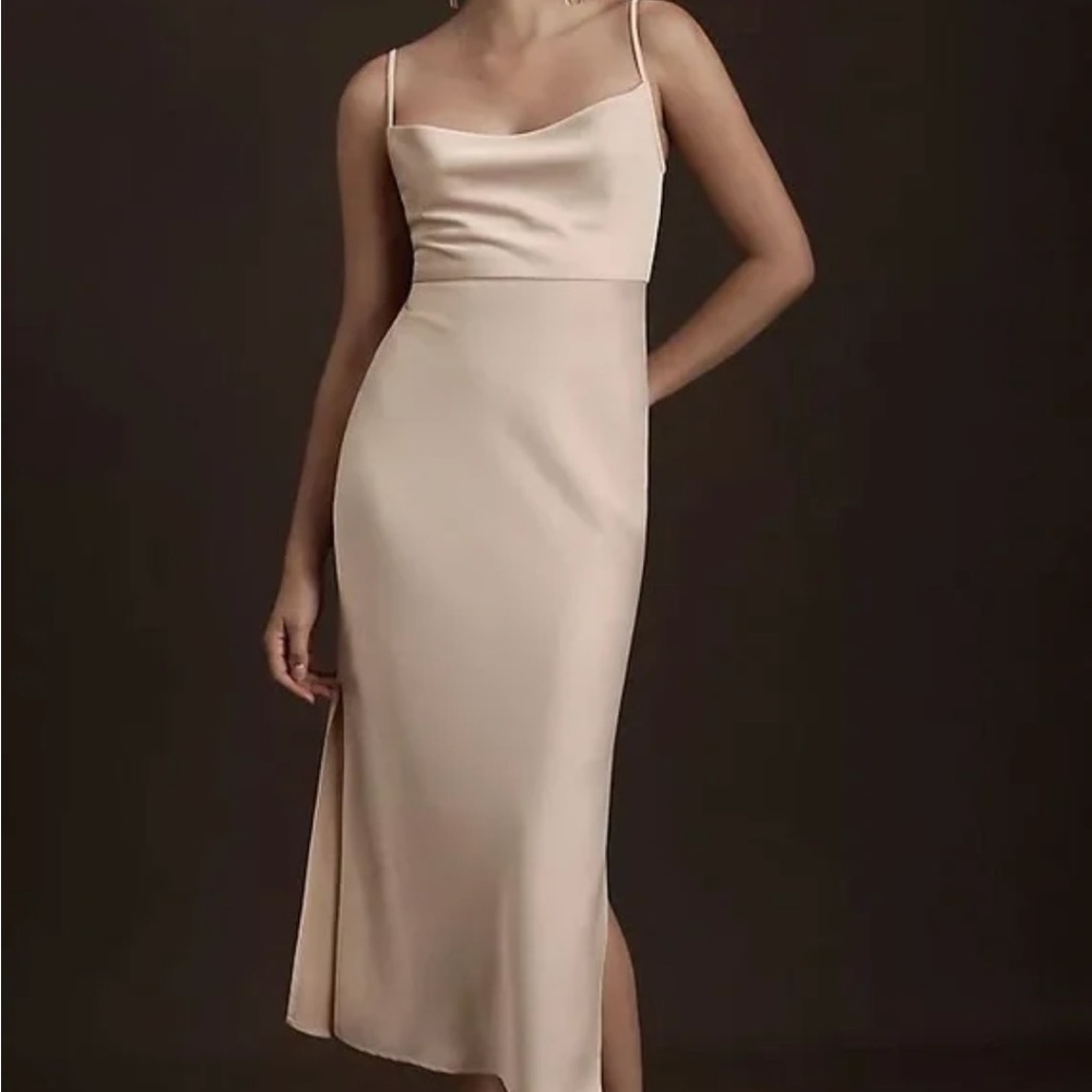 BHLDN Cali Satin Cowl Neck MIDI Slip Dress Champagne